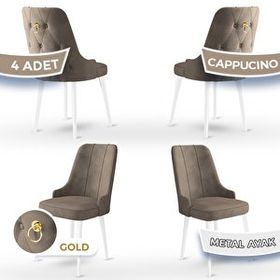 Canisa Newa Serisi 4 Adet 1. Sınıf Babyface Kumaş Beyaz Metal Ayaklı Gold Halkalı Cappucino Sandalye