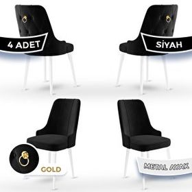 Canisa Newa Serisi 4 Adet 1. Sınıf Babyface Kumaş Beyaz Metal Ayaklı Gold Halkalı Siyah Sandalye