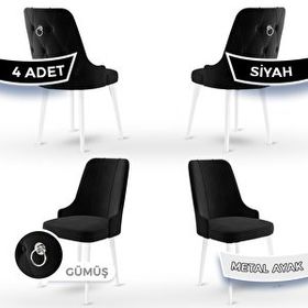 Canisa Newa Serisi 4 Adet 1. Sınıf Babyface Kumaş Beyaz Metal Ayaklı Gümüş Halkalı Siyah Sandalye
