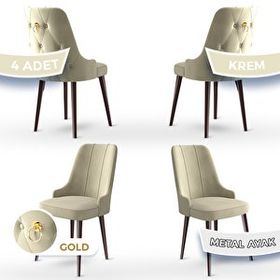 Canisa Newa Serisi 4 Adet 1. Sınıf Babyface Kumaş Kahve Metal Ayaklı Gold Halkalı Krem Sandalye