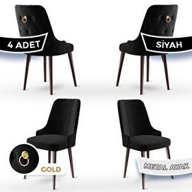 Canisa Newa Serisi 4 Adet 1. Sınıf Babyface Kumaş Kahve Metal Ayaklı Gold Halkalı Siyah Sandalye