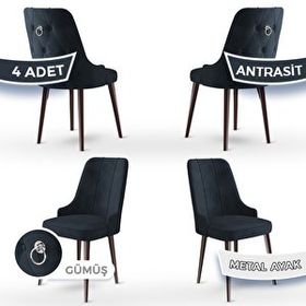 Canisa Newa Serisi 4 Adet 1. Sınıf Babyface Kumaş Kahve Metal Ayaklı Gümüş Halkalı Antrasit Sandalye