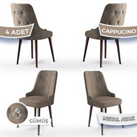 Canisa Newa Serisi 4 Adet 1. Sınıf Babyface Kumaş Kahve Metal Ayaklı Gümüş Halkalı Cappucino Sandalye