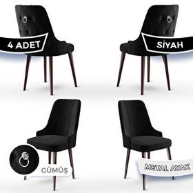 Canisa Newa Serisi 4 Adet 1. Sınıf Babyface Kumaş Kahve Metal Ayaklı Gümüş Halkalı Siyah Sandalye