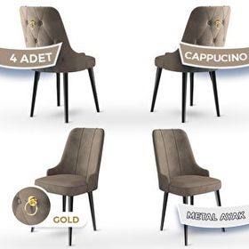 Canisa Newa Serisi 4 Adet 1. Sınıf Babyface Kumaş Siyah Metal Ayaklı Gold Halkalı Cappucino Sandalye
