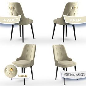 Canisa Newa Serisi 4 Adet 1. Sınıf Babyface Kumaş Siyah Metal Ayaklı Gold Halkalı Krem Sandalye