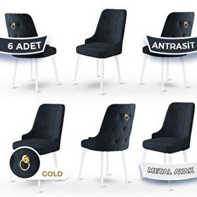 Canisa Newa Serisi 6 Adet 1. Sınıf Babyface Kumaş Beyaz Metal Ayaklı Gold Halkalı Antrasit Sandalye
