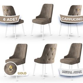 Canisa Newa Serisi 6 Adet 1. Sınıf Babyface Kumaş Beyaz Metal Ayaklı Gold Halkalı Cappucino Sandalye