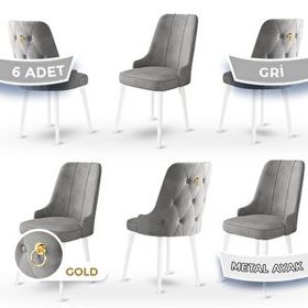 Canisa Newa Serisi 6 Adet 1. Sınıf Babyface Kumaş Beyaz Metal Ayaklı Gold Halkalı Gri Sandalye