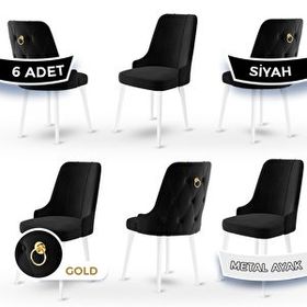 Canisa Newa Serisi 6 Adet 1. Sınıf Babyface Kumaş Beyaz Metal Ayaklı Gold Halkalı Siyah Sandalye