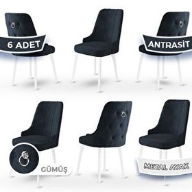 Canisa Newa Serisi 6 Adet 1. Sınıf Babyface Kumaş Beyaz Metal Ayaklı Gümüş Halkalı Antrasit Sandalye