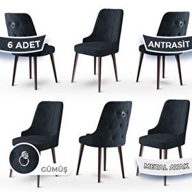 Canisa Newa Serisi 6 Adet 1. Sınıf Babyface Kumaş Kahve Metal Ayaklı Gümüş Halkalı Antrasit Sandalye