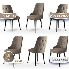 Canisa Newa Serisi 6 Adet 1. Sınıf Babyface Kumaş Siyah Metal Ayaklı Gold Halkalı Cappucino Sandalye
