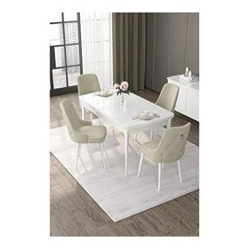 Canisa Nex Serisi 80x132 MDF Açılabilir Beyaz Masa Takımı Gümüş Halkalı Krem 4 Sandalye
