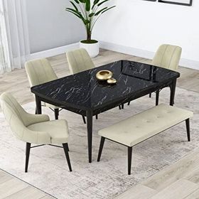 Canisa Nex Serisi MDF 80x132 cm Açılabilir Barok Ahşap Desen 4 Sandalye Gold Halkalı Krem Mutfak Masası Takımı