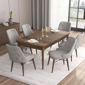 Canisa Nex Serisi MDF 80x132 cm Açılabilir Barok Ahşap Desen 6 Sandalye Gold Halkalı Gri Mutfak Masası Takımı