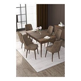 Canisa Nex Serisi MDF 80x132 cm Açılabilir Barok Ahşap Desen 6 Sandalye Gold Halkalı Kahverengi Mutfak Masası Takımı
