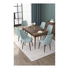 Canisa Nex Serisi MDF 80x132 cm Açılabilir Barok Ahşap Desen 6 Sandalye Gold Halkalı Kahverengi Mutfak Masası Takımı