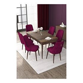 Canisa Nex Serisi MDF 80x132 cm Açılabilir Barok Ahşap Desen 6 Sandalye Gold Halkalı Kahverengi Mutfak Masası Takımı