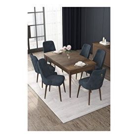 Canisa Nex Serisi MDF 80x132 cm Açılabilir Barok Ahşap Desen 6 Sandalye Gold Halkalı Kahverengi Mutfak Masası Takımı