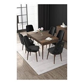 Canisa Nex Serisi MDF 80x132 cm Açılabilir Barok Ahşap Desen 6 Sandalye Gold Halkalı Kahverengi Mutfak Masası Takımı