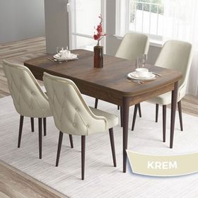 Canisa Nex Serisi MDF 80x132 cm Açılabilir Barok Ahşap Desen 6 Sandalye Gümüş Halkalı Krem Mutfak Masası Takımı