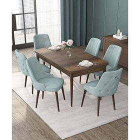 Canisa Nex Serisi MDF 80x132 cm Açılabilir Barok Ahşap Desen 6 Sandalye Gümüş Halkalı Su Yeşili Mutfak Masası Takımı