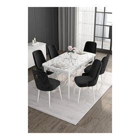 Canisa Noa Serisi 80x132 MDF Açılabilir Beyaz Mermer Desen Masa Takımı Gold Halkalı Siyah 6 Sandalye