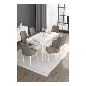 Canisa Noa Serisi 80x132 MDF Açılabilir Beyaz Mermer Desen Masa Takımı Gümüş Halkalı Kahverengi 4 Sandalye