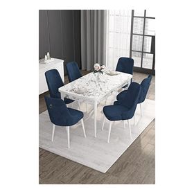 Canisa Noa Serisi 80x132 MDF Açılabilir Beyaz Mermer Desen Masa Takımı Gümüş Halkalı Lacivert 4 Sandalye