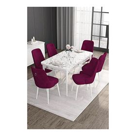 Canisa Noa Serisi 80x132 MDF Açılabilir Beyaz Mermer Desen Masa Takımı Gümüş Halkalı Mürdüm 6 Sandalye