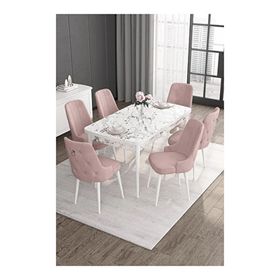 Canisa Noa Serisi 80x132 MDF Açılabilir Beyaz Mermer Desen Masa Takımı Gümüş Halkalı Pembe 6 Sandalye