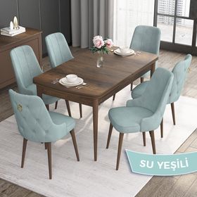 Canisa Noa Serisi MDF 80x132 cm Açılabilir Barok Ahşap Desen 4 Sandalye Gold Halkalı Su Yeşili Mutfak Masası Takımı