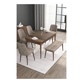 Canisa Noa Serisi MDF 80x132 cm Açılabilir Barok Ahşap Desen 4 Sandalye Gold Halkalı ve 1 Bench Cappucino Mutfak Masası Takımı
