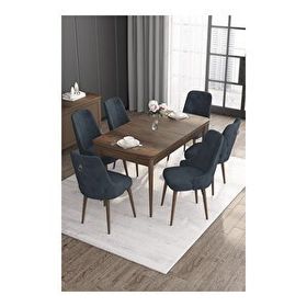 Canisa Noa Serisi MDF 80x132 cm Açılabilir Barok Ahşap Desen 6 Sandalye Gümüş Halkalı Antrasit Mutfak Masa Takımı