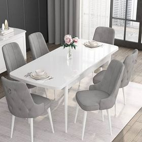 Canisa Noa Serisi MDF 80x132 cm Açılabilir Barok Ahşap Desen 6 Sandalye Gümüş Halkalı Gri Mutfak Masa Takımı