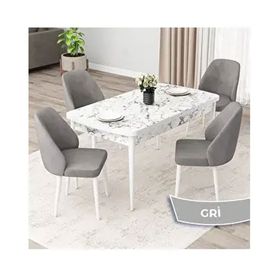 Canisa Orf Serisi 80x132 Açılabilir Beyaz Mermer Desen Mutfak Masası Takımı ve 4 Adet Gri Sandalye