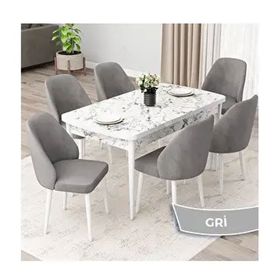 Canisa Orf Serisi 80x132 Açılabilir Beyaz Mermer Desen Mutfak Masası Takımı ve 6 Adet Gri Sandalye