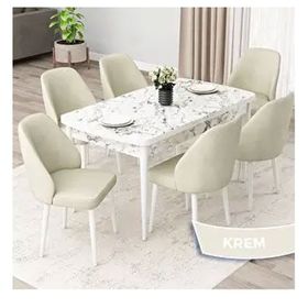 Canisa Orf Serisi 80x132 Açılabilir Beyaz Mermer Desen Mutfak Masası Takımı ve 6 Adet Krem Sandalye