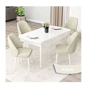 Canisa Orf Serisi 80x132 Açılabilir Beyaz Mutfak Masası Takımı ve 4 Adet Krem Sandalye