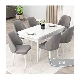 Canisa Orf Serisi 80x132 Açılabilir Beyaz Mutfak Masası Takımı ve 6 Adet Gri Sandalye