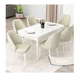 Canisa Orf Serisi 80x132 Açılabilir Beyaz Mutfak Masası Takımı ve 6 Adet Krem Sandalye