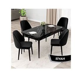 Canisa Orf Serisi 80x132 Açılabilir Siyah Mermer Desen Mutfak Masası Takımı ve 4 Adet Siyah Sandalye