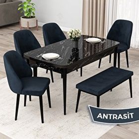 Canisa Orf Serisi 80x132 Açılabilir Siyah Mermer Desen Mutfak Masası Takımı ve 4 Antrasit Sandalye ve Antrasit 1 Bench