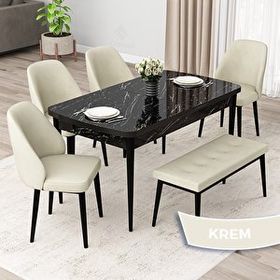 Canisa Orf Serisi 80x132 Açılabilir Siyah Mermer Desen Mutfak Masası Takımı ve 4 Krem Sandalye ve Krem 1 Bench