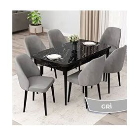 Canisa Orf Serisi 80x132 Açılabilir Siyah Mermer Desen Mutfak Masası Takımı ve 6 Adet Gri Sandalye