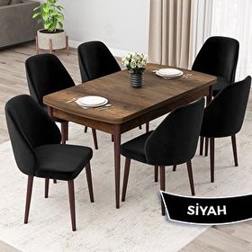 Canisa Orf Serisi 80x132 cm Açılabilir Barok Ahşap Desen 6 Siyah Sandalye Mutfak Masası Takımı