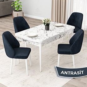 Canisa Orf Serisi 80x132 cm Açılabilir Beyaz Mermer Desen 4 Antrasit Sandalye Mutfak Masası Takımı