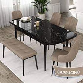 Canisa Pir Serisi 80x130 Siyah Mermer Desen 4 Cappucino Sandalye ve 1 Bench Cappucino Masa Takımı