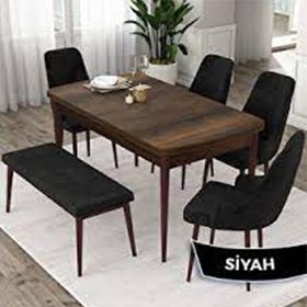 Canisa Pir Serisi 80x130 Siyah Mermer Desen 4 Kahverengi Sandalye ve 1 Bench Kahverengi Masa Takımı